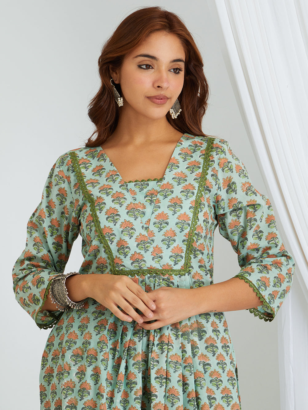 Hand Block Printed Cotton Suit Set- Mint Green Floral ( 2 Piece )