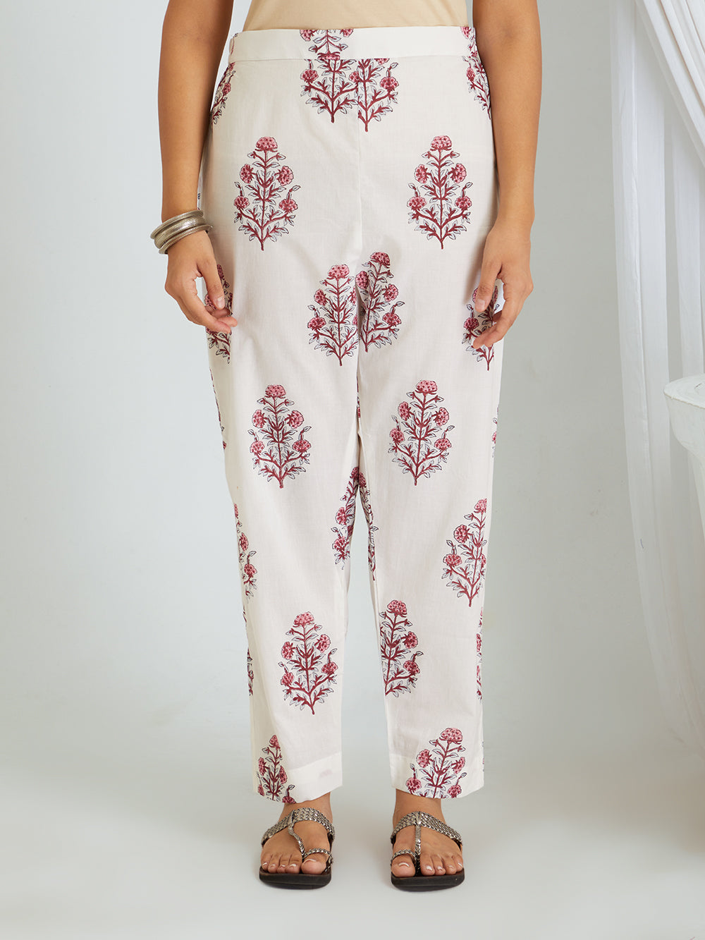 White Hand Block Print Cotton Pants
