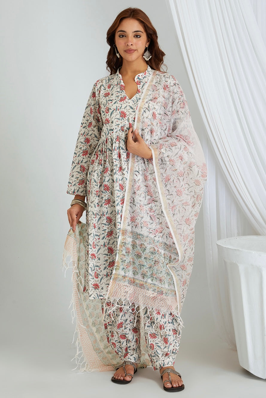 White Hand Block Print Kota Doria Dupatta