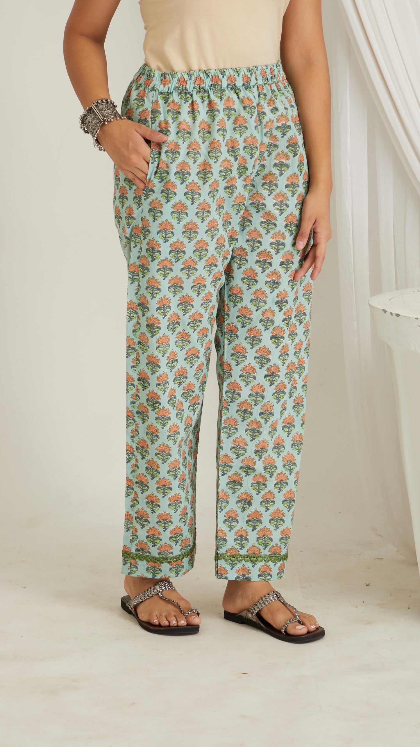 Lyana Green Hand Block Print Pants
