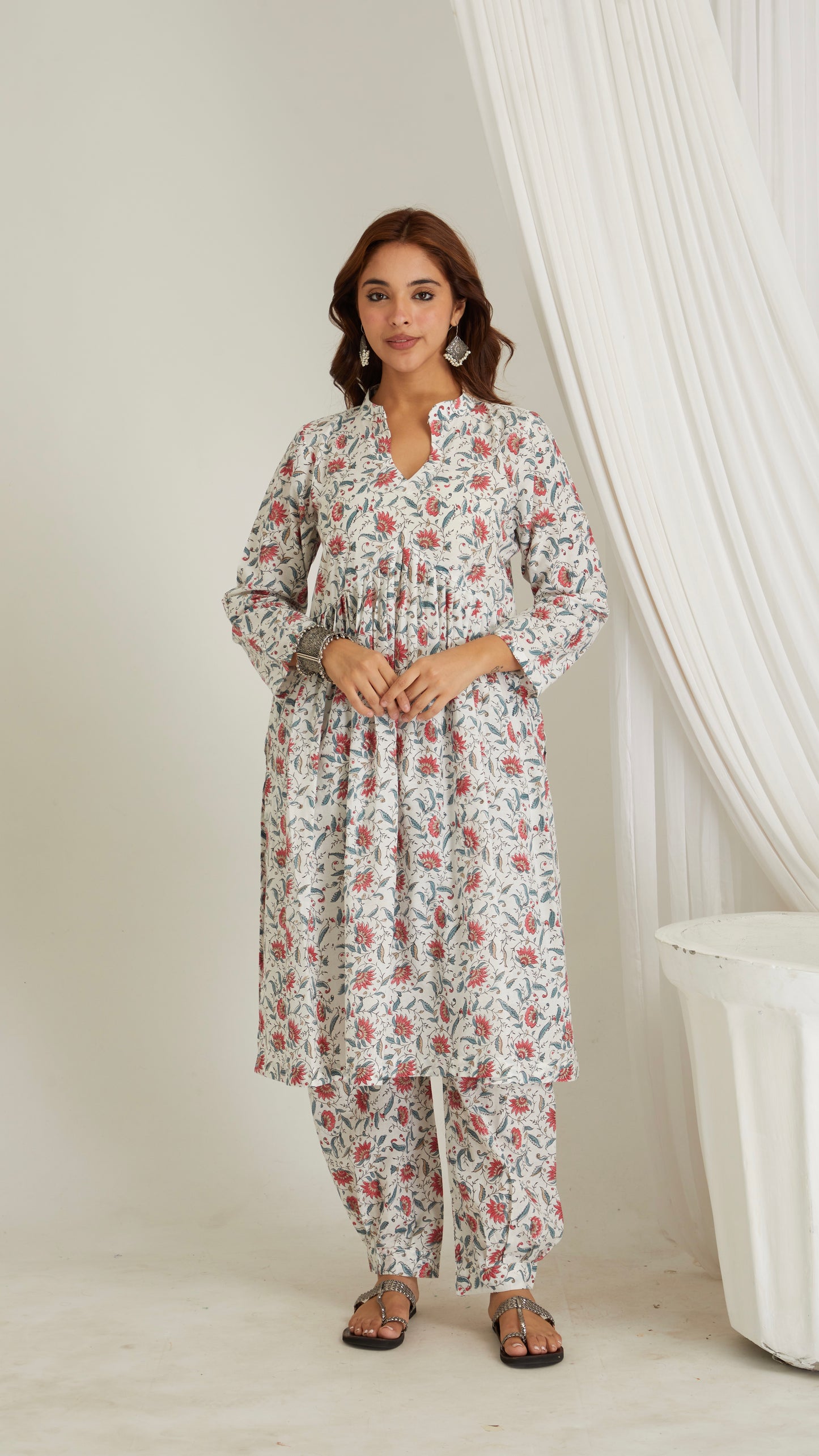 Leha white Hand Block Print Cotton Kurta