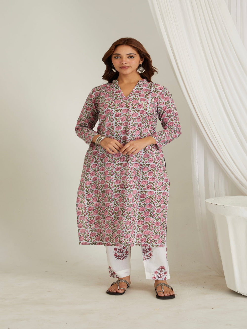 Hand Block Printed Cotton Suit Set- Lavender Floral ( 3 Piece )