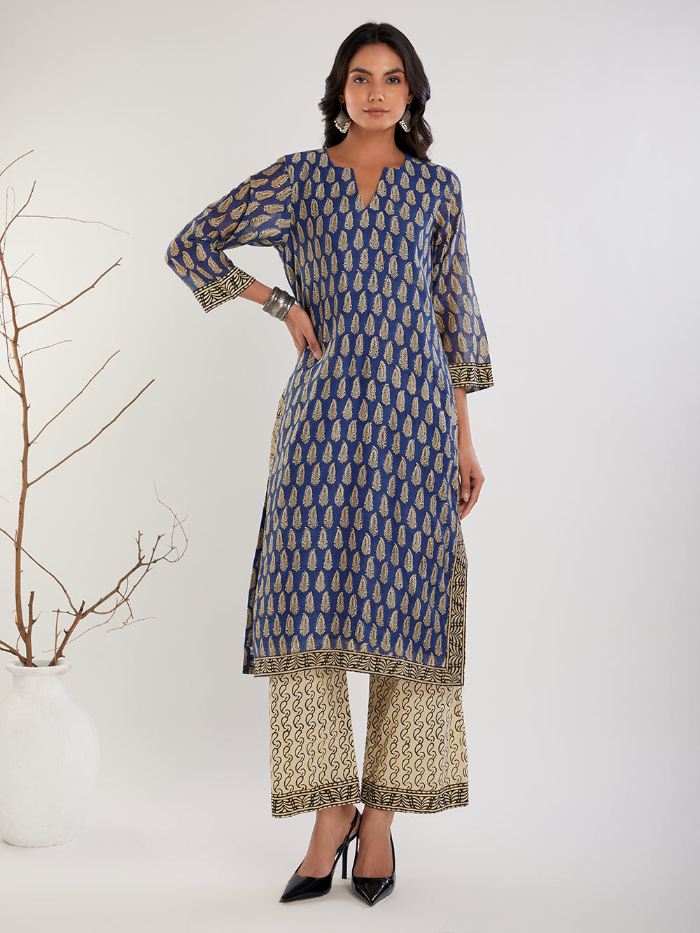 Beige & Black Hand Block Print Cotton Pants
