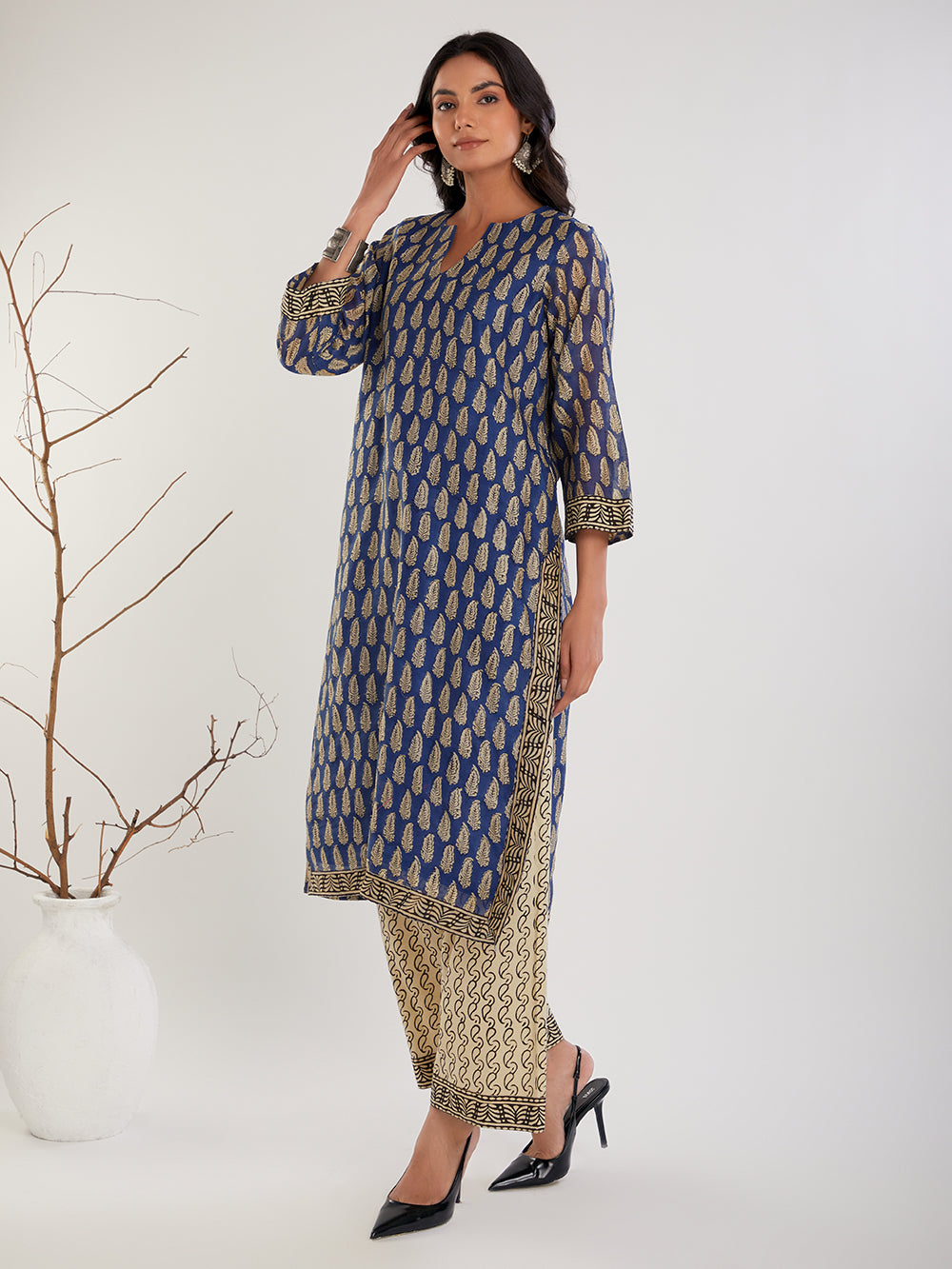 Blue Hand Block Printed Chanderi Silk Kurta