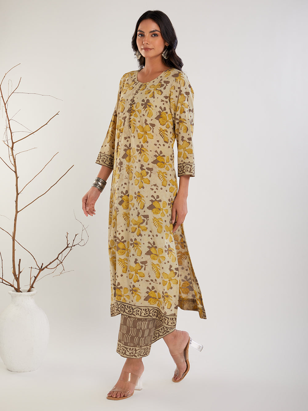 Yellow Block Printed Suit Set