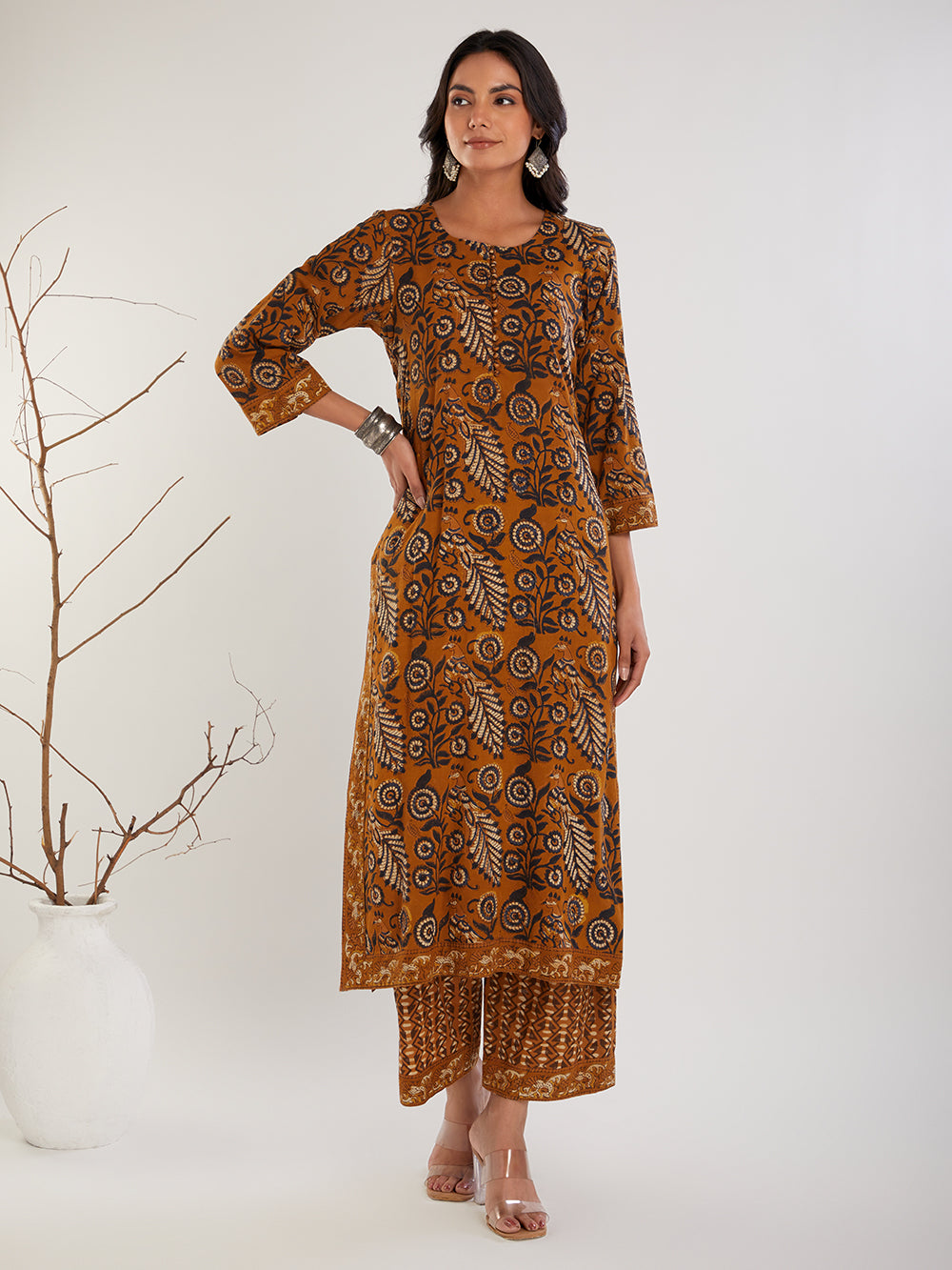 Brown & Black Regular fit hand block print cotton pant