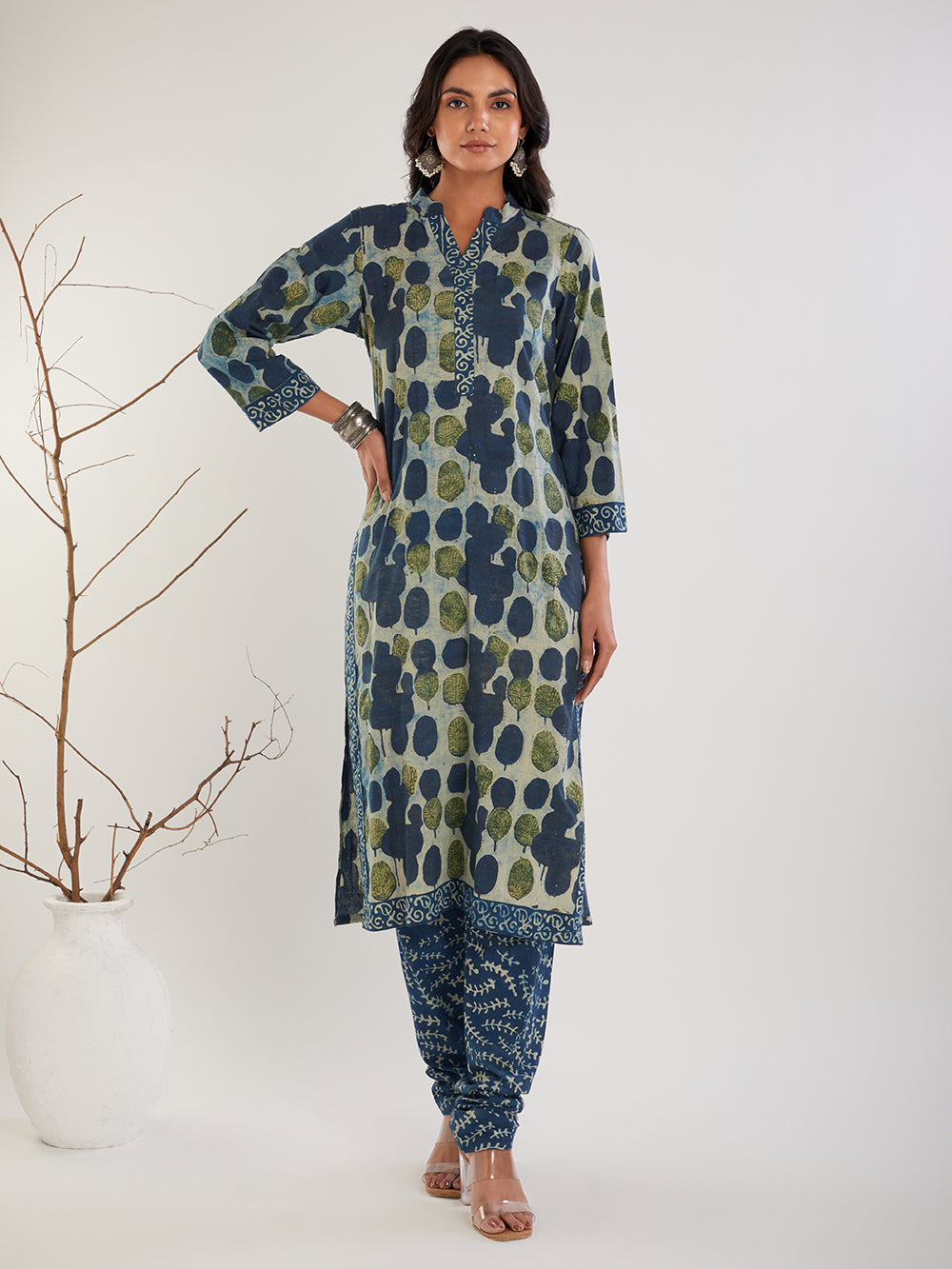 Blue Green Hand Block Printed Cotton Suit Set