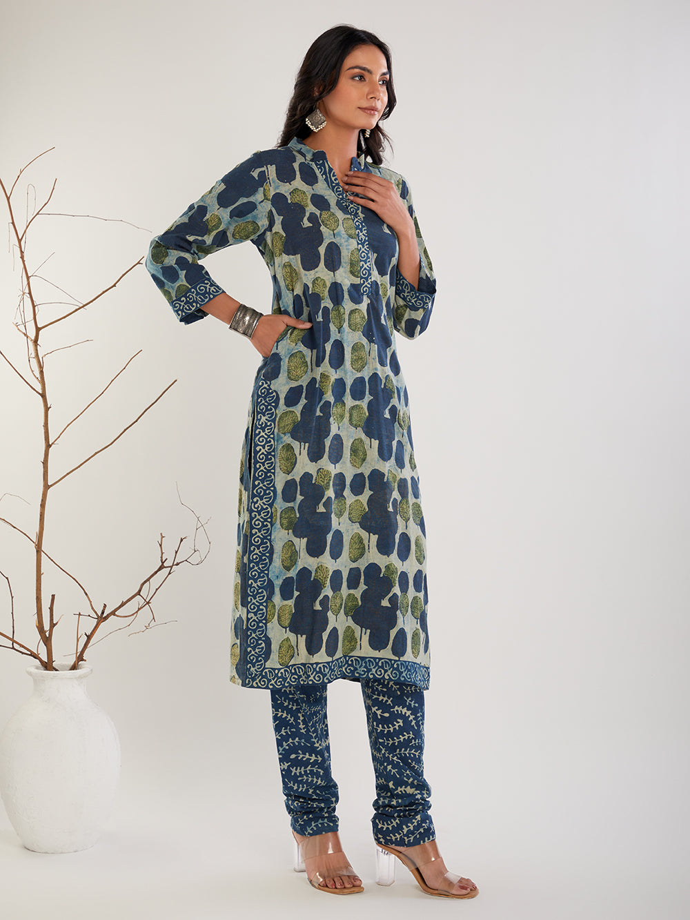 Blue Green Vanaspati Hand Block Printed Cotton Kurta