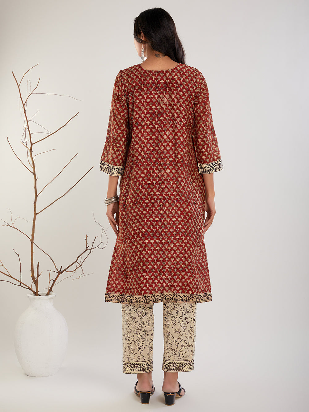 Red & Beige Chanderi Silk Bagru print Cotton Suit- Set of 3