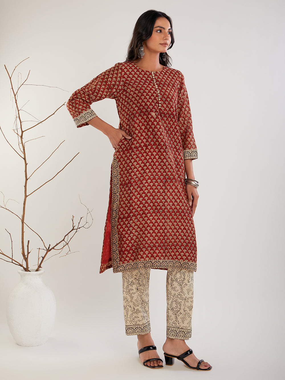 Red & Beige Chanderi Silk Bagru print Cotton Suit- Set of 3