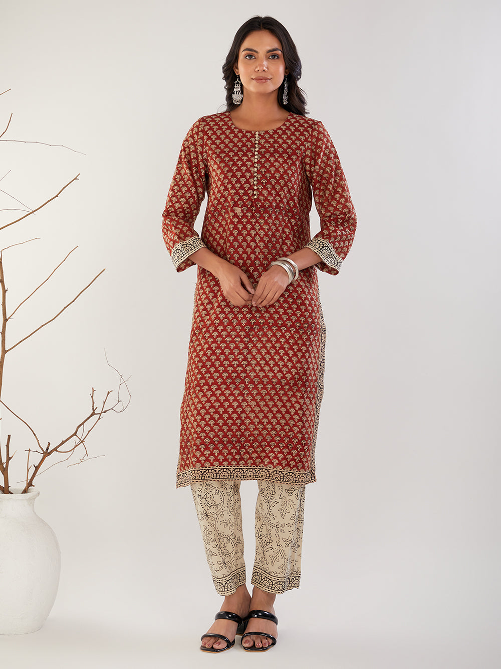 Red & Beige Chanderi Silk Bagru print Cotton Suit- Set of 3
