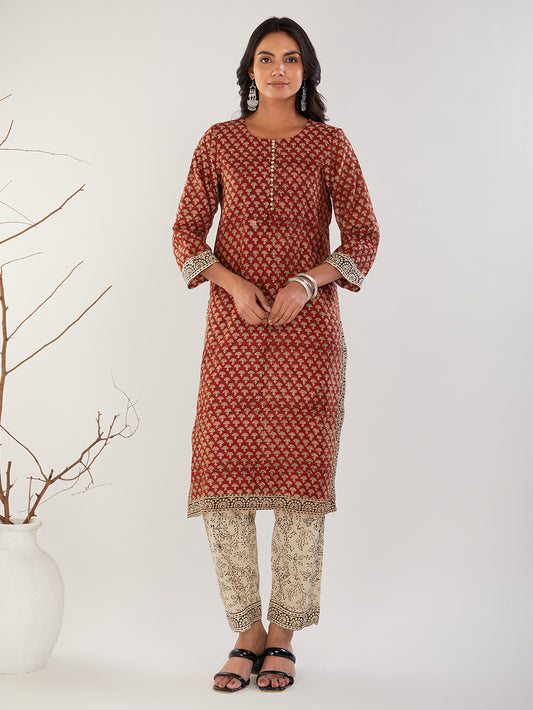 Front view of Red Beige Hand Block Printed Chanderi Silk Suit Set of 3 with kurta, pants and dupatta"