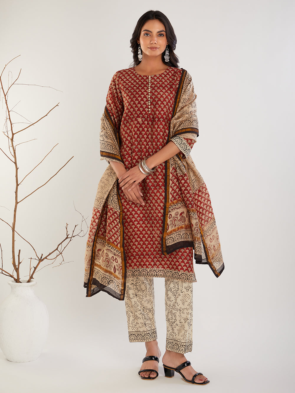 Red & Beige Chanderi Silk Bagru print Cotton Suit- Set of 3