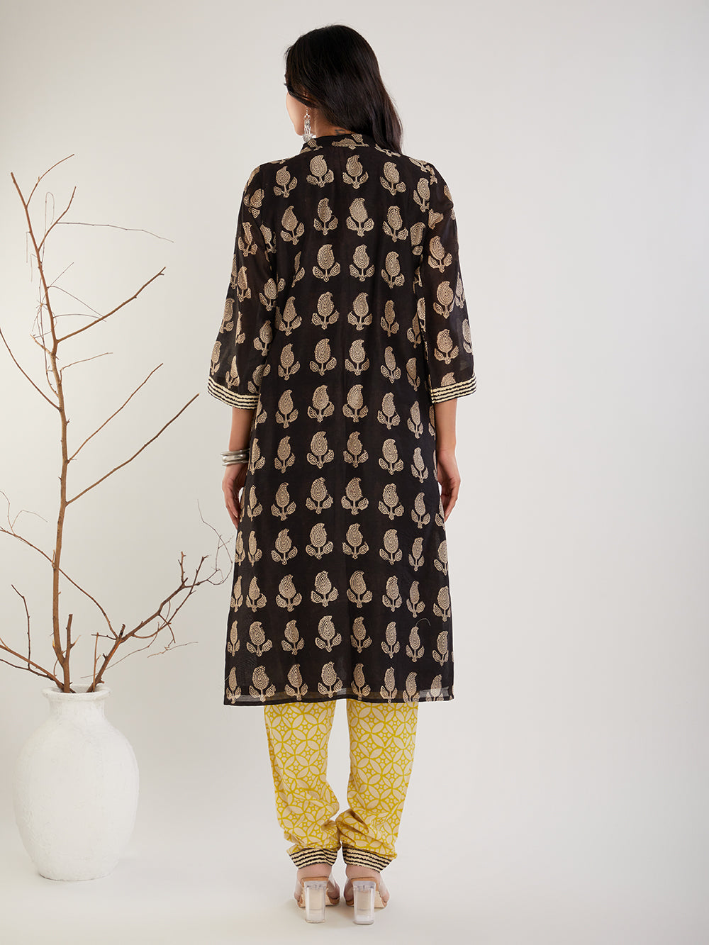 Black Chanderi silk Hand Block Print cotton kurta