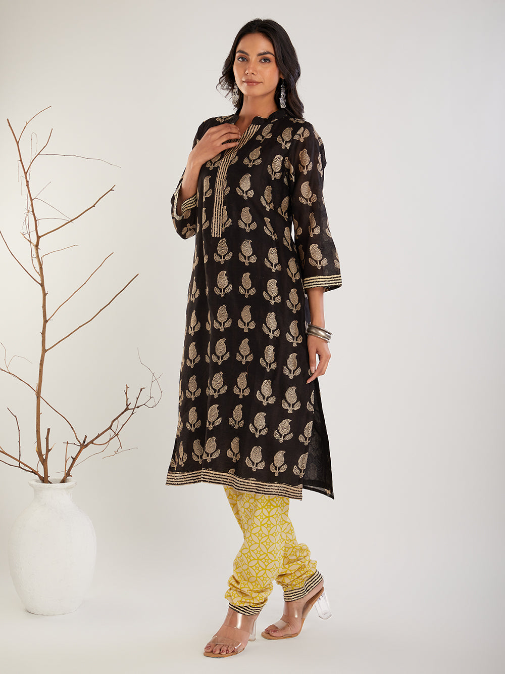 Side view of Black Hand Block Printed Chanderi Silk Suit highlighting dupatta drape and handcrafted block prints"