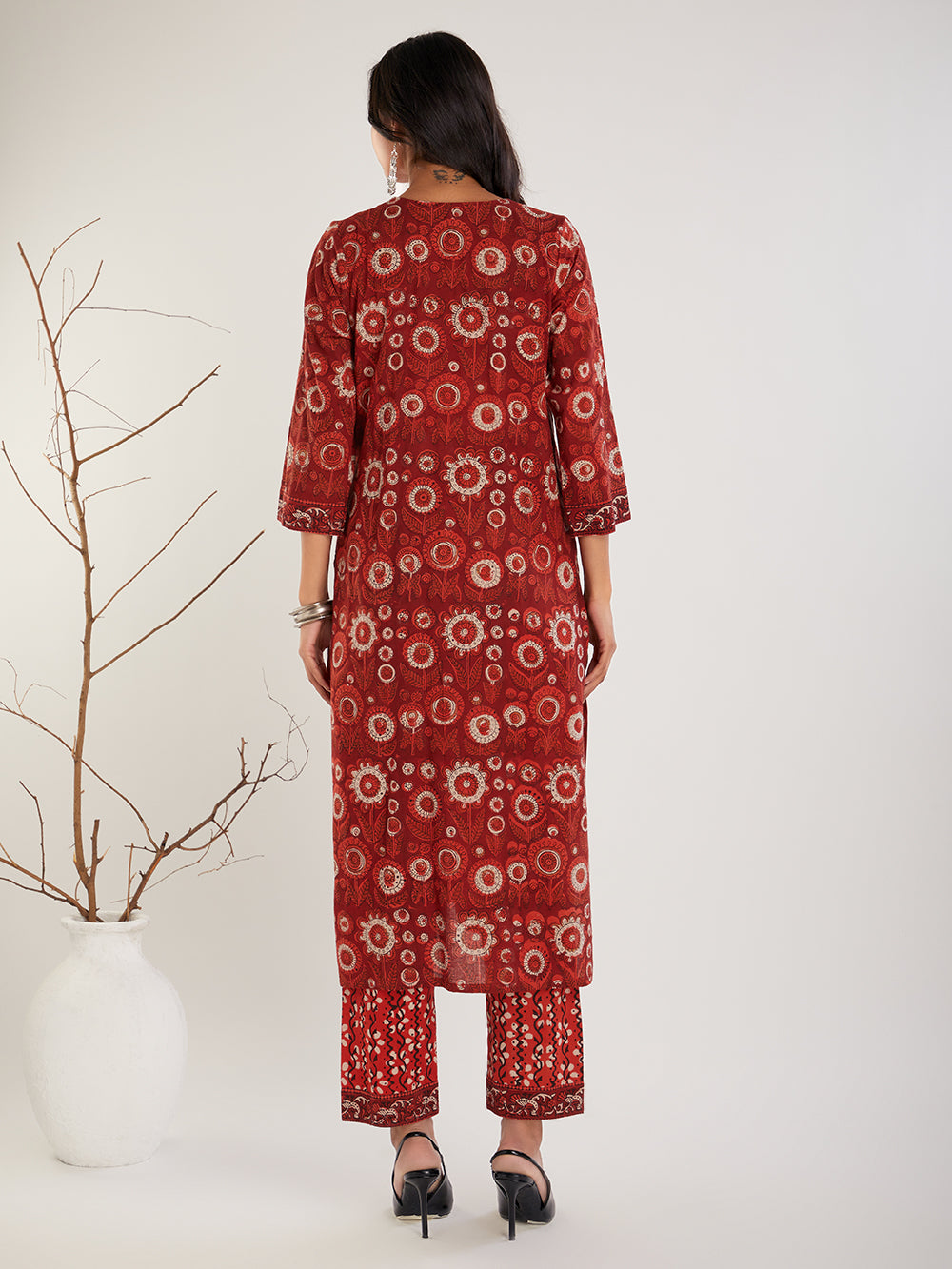 Back View of Red Ajrakh Hand Block Printed Cotton Suit- Set of 3