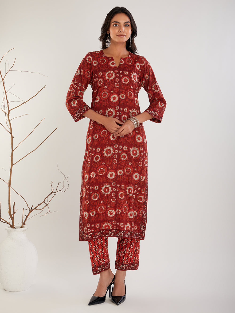 Red Ajrak Hand Block Printed Cotton Pants.