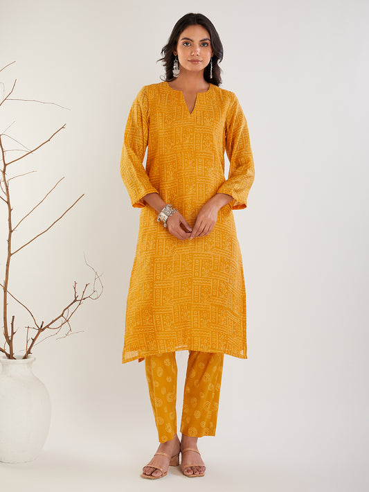 Front view of Mustard Yellow Hand Block Print Chanderi Silk Suit Set