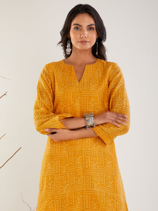 Mustard Hand Block Printed Chanderi Silk Kurta
