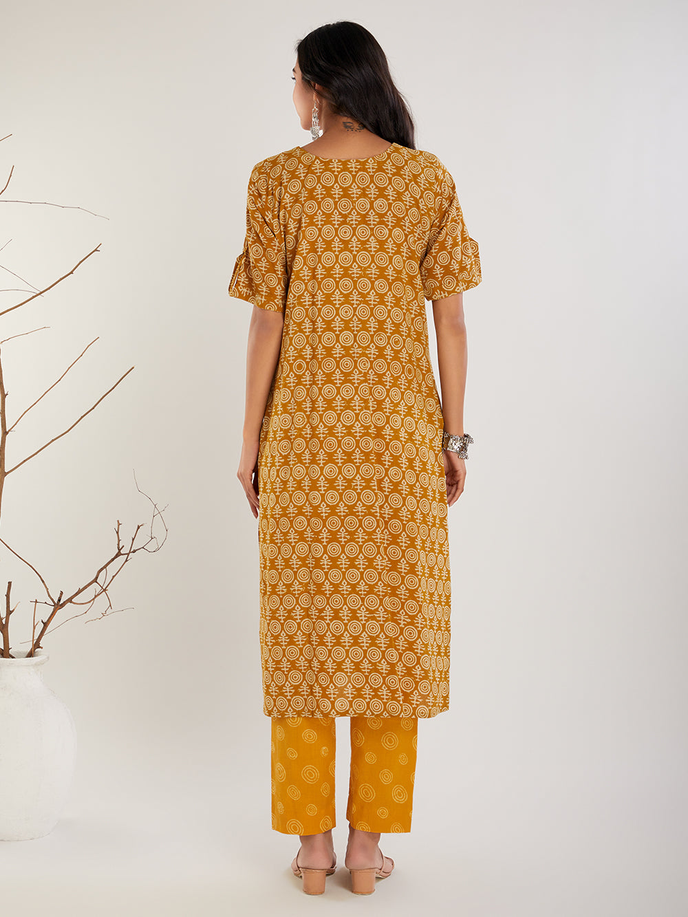 Hand Block Printed Chanderi Silk Kurta- Mustard Bandhni
