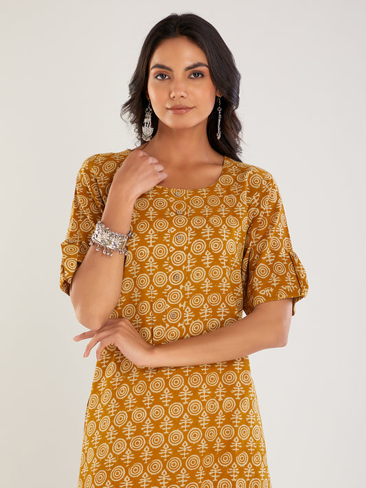 Mustard Hand Block Printed Cotton Kurta