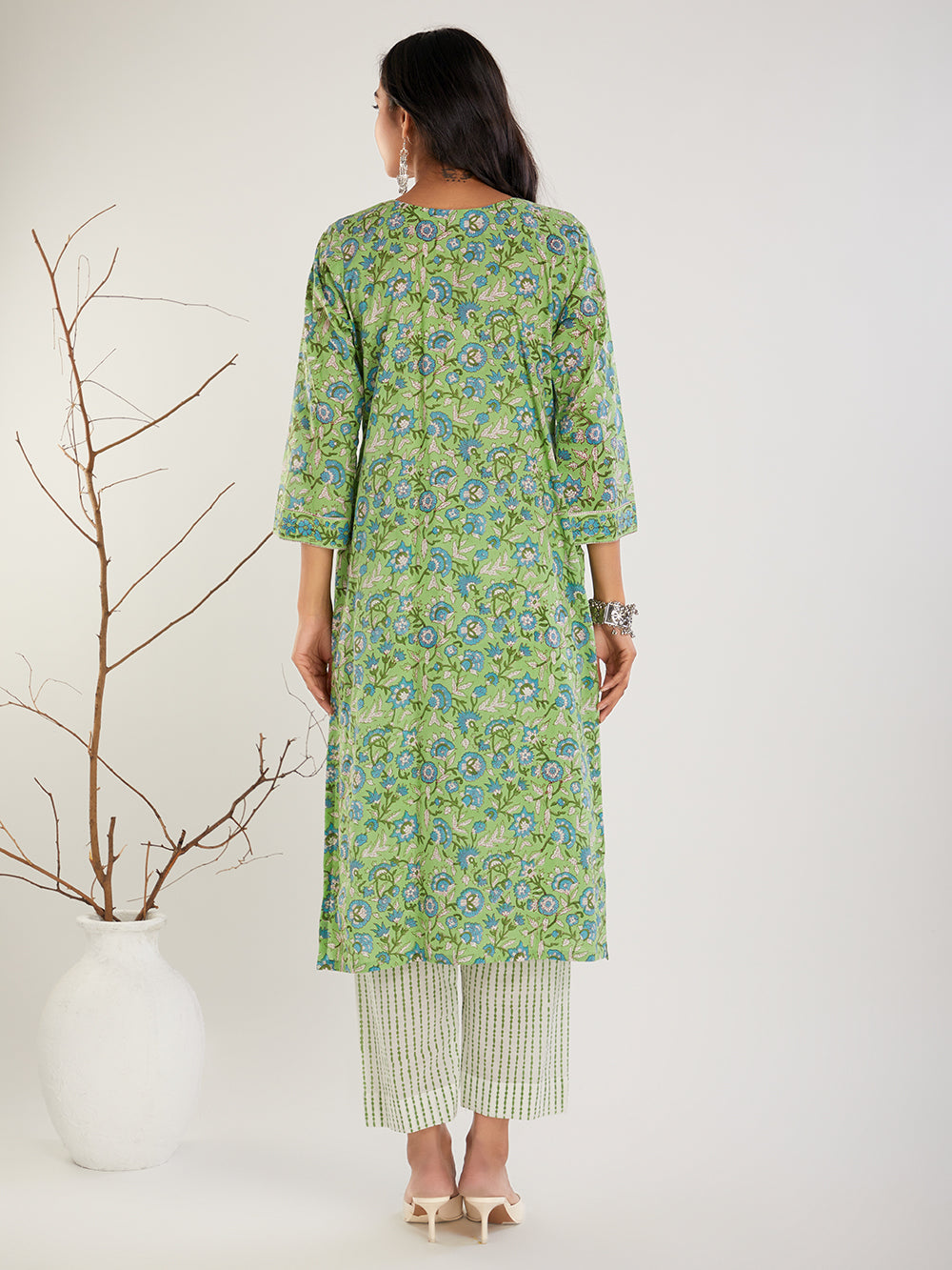 Green Hand Block Printed Cotton Kurta