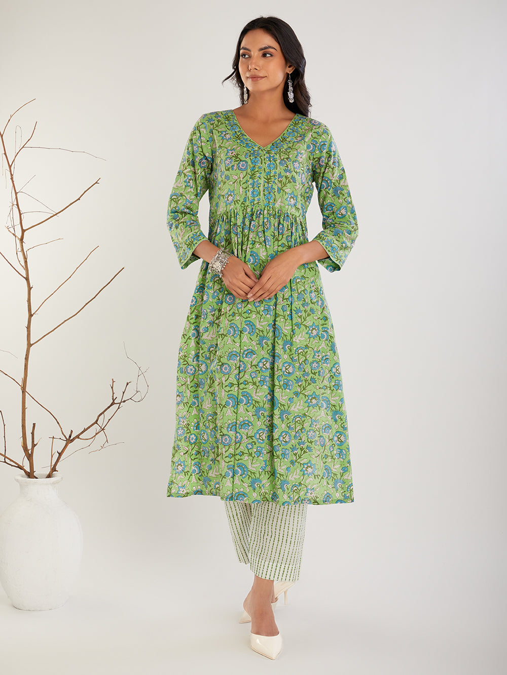 Green Hand Block Print Cotton Pants
