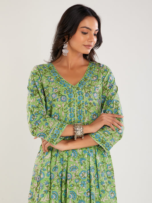 Green Hand Block Printed Cotton Suit Set- Set of 3