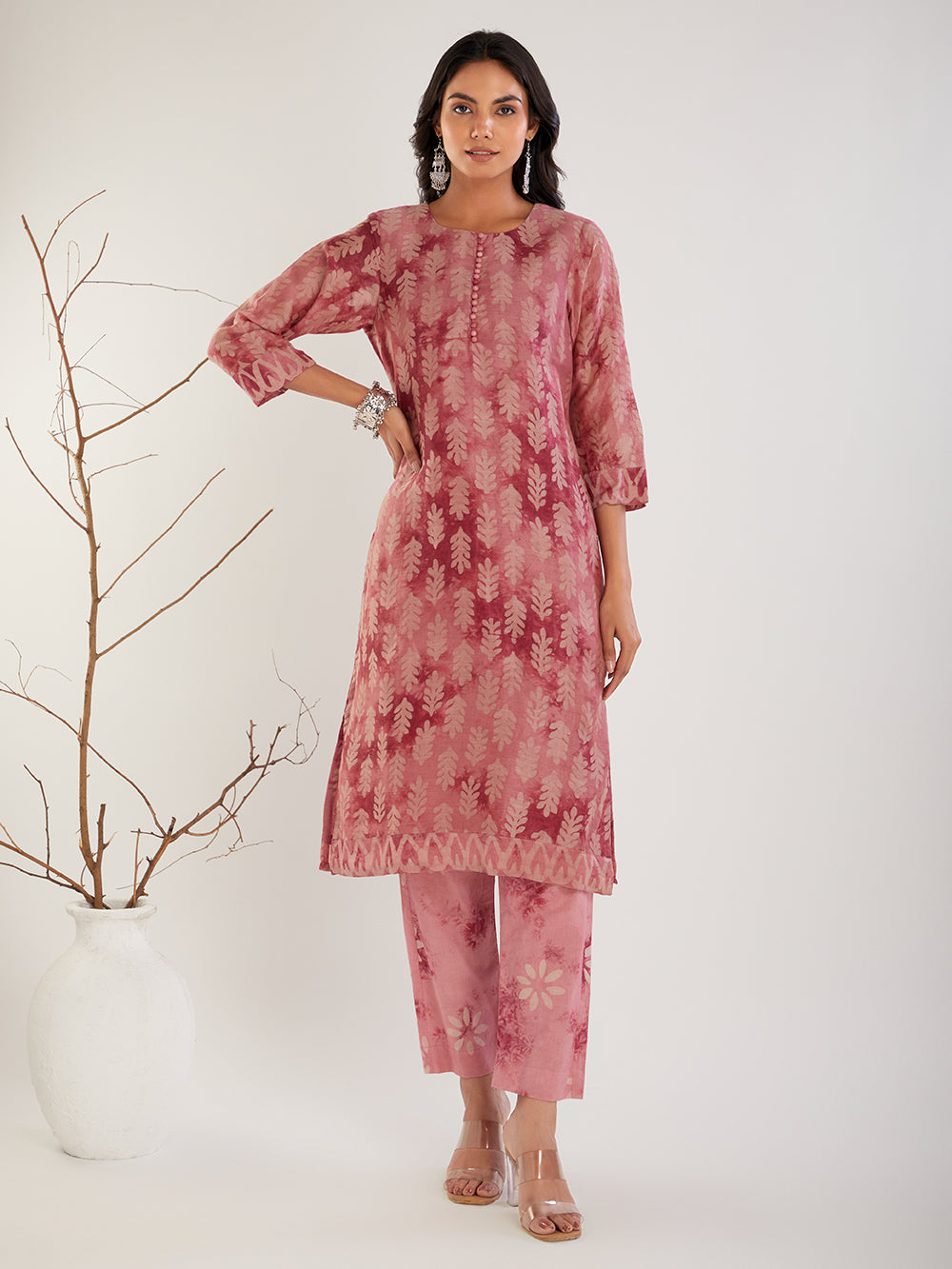 Hand Block Printed Chanderi Silk Suit Set - Dusty Pink ( 3 Piece )