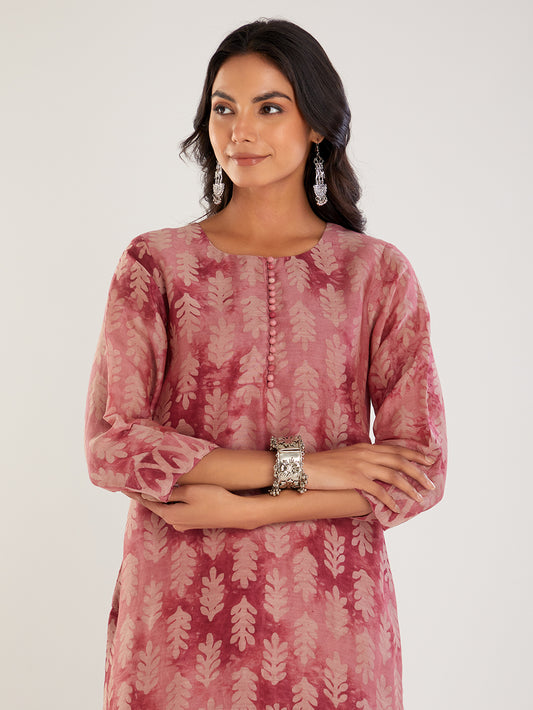 Pink Hand Block printed Chanderi Silk kurta.