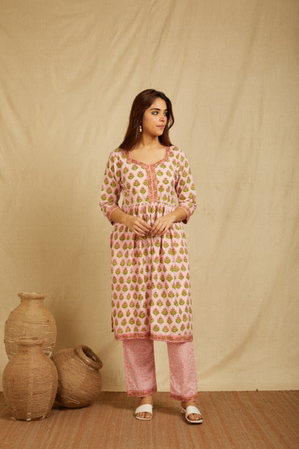 Asma Peach Hand Block Print Kurta