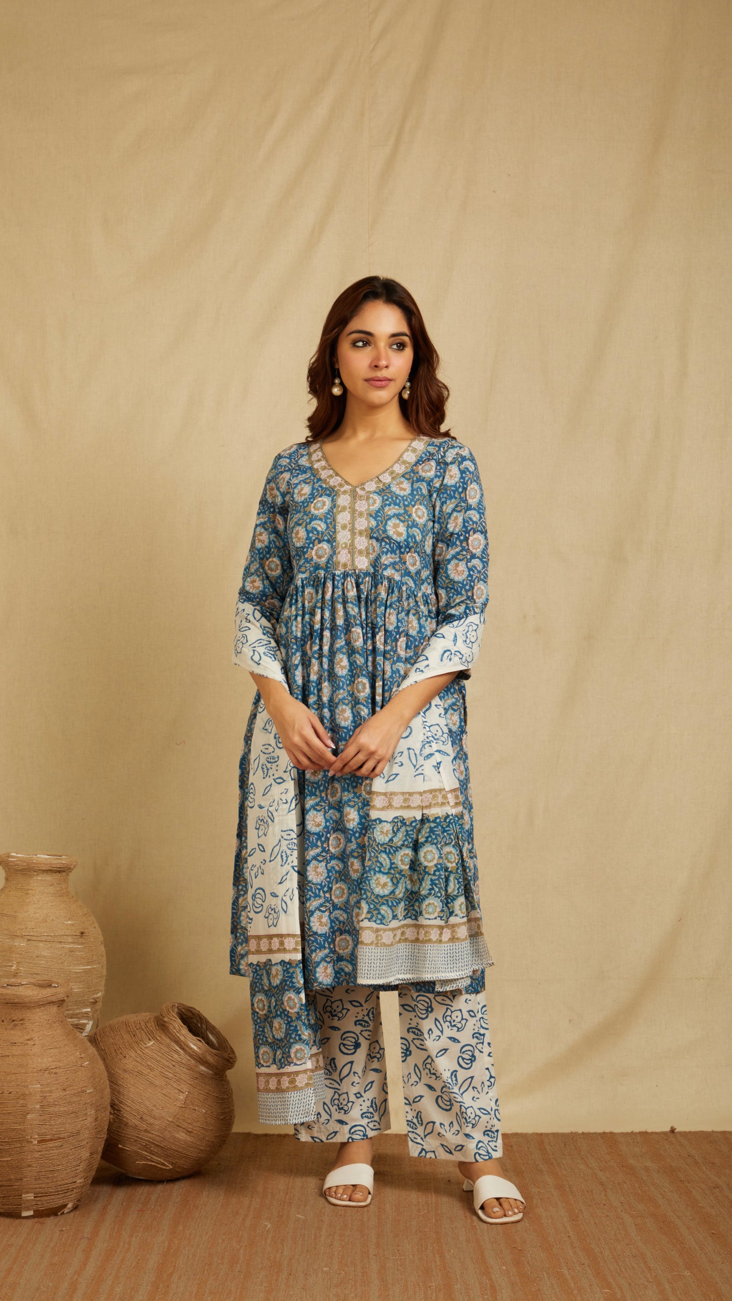 Adika Blue Hand Block Print Cotton Suit- Set of 3