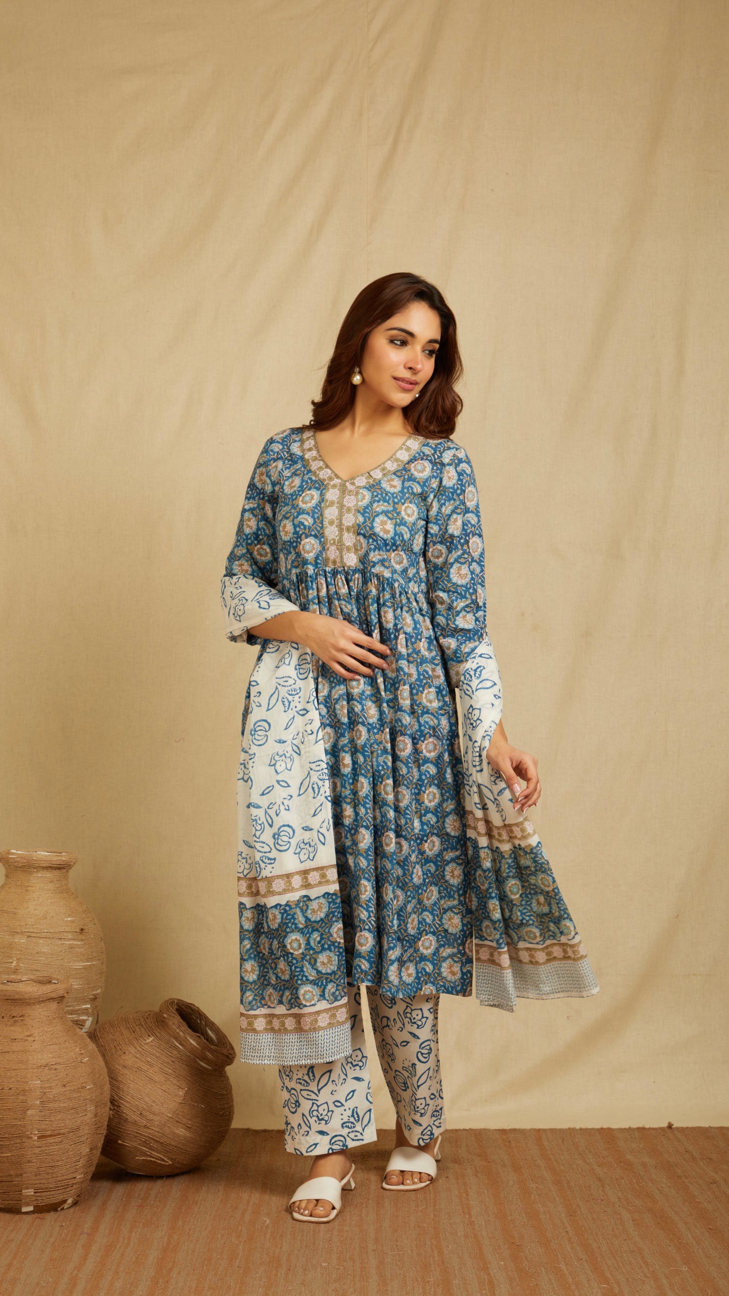 Adika Blue Hand Block Print Cotton Suit- Set of 3