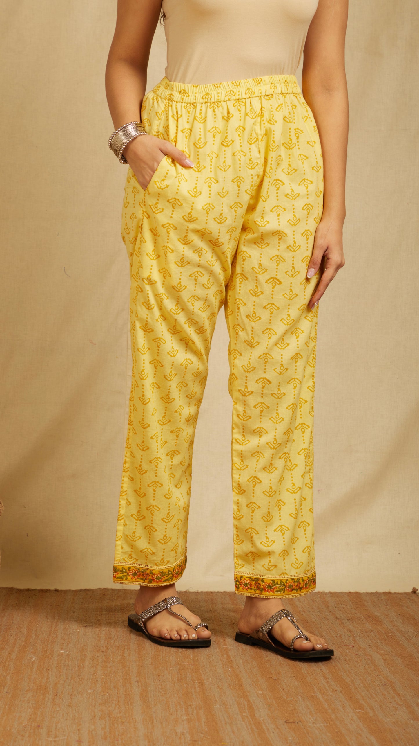 Yellow Anubha Hand Block Print Pants