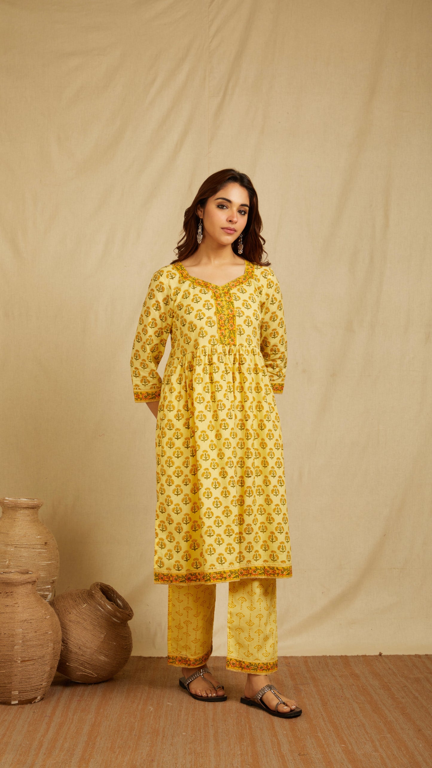 Anjika Yellow Hand Block Print Cotton Kurta
