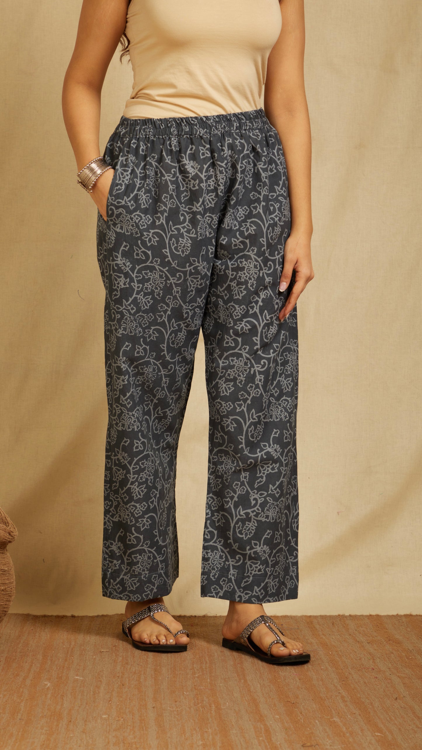 Aina Black Hand Block Print Cotton Pants