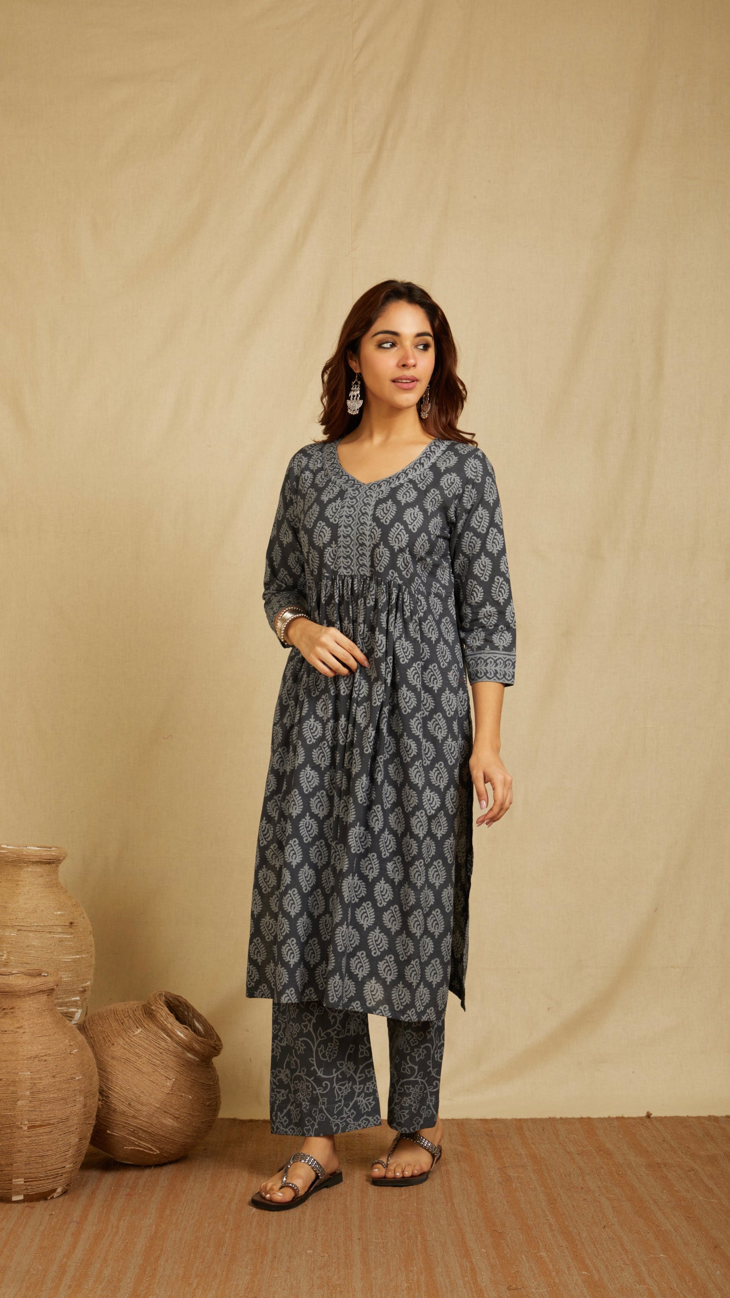 Ashu Black Hand Block Print Cotton Kurta