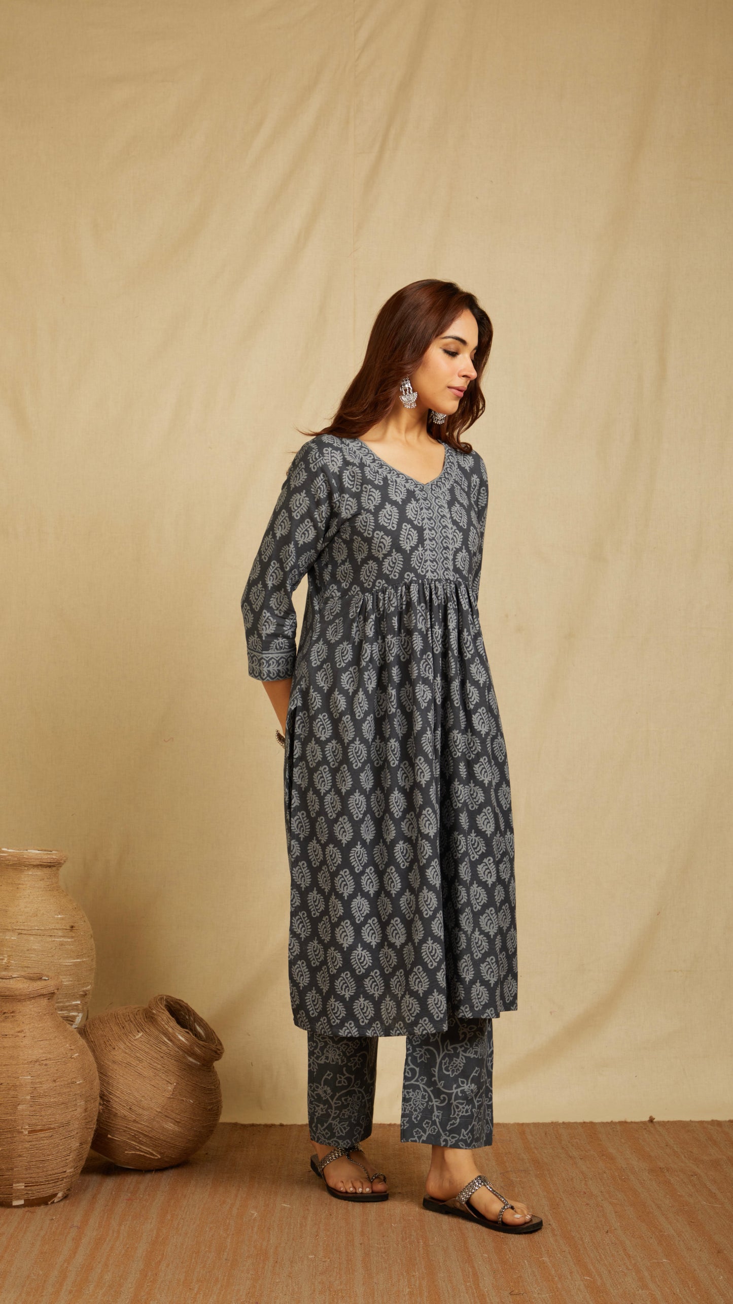 Ashu Black Hand Block Print Cotton Kurta