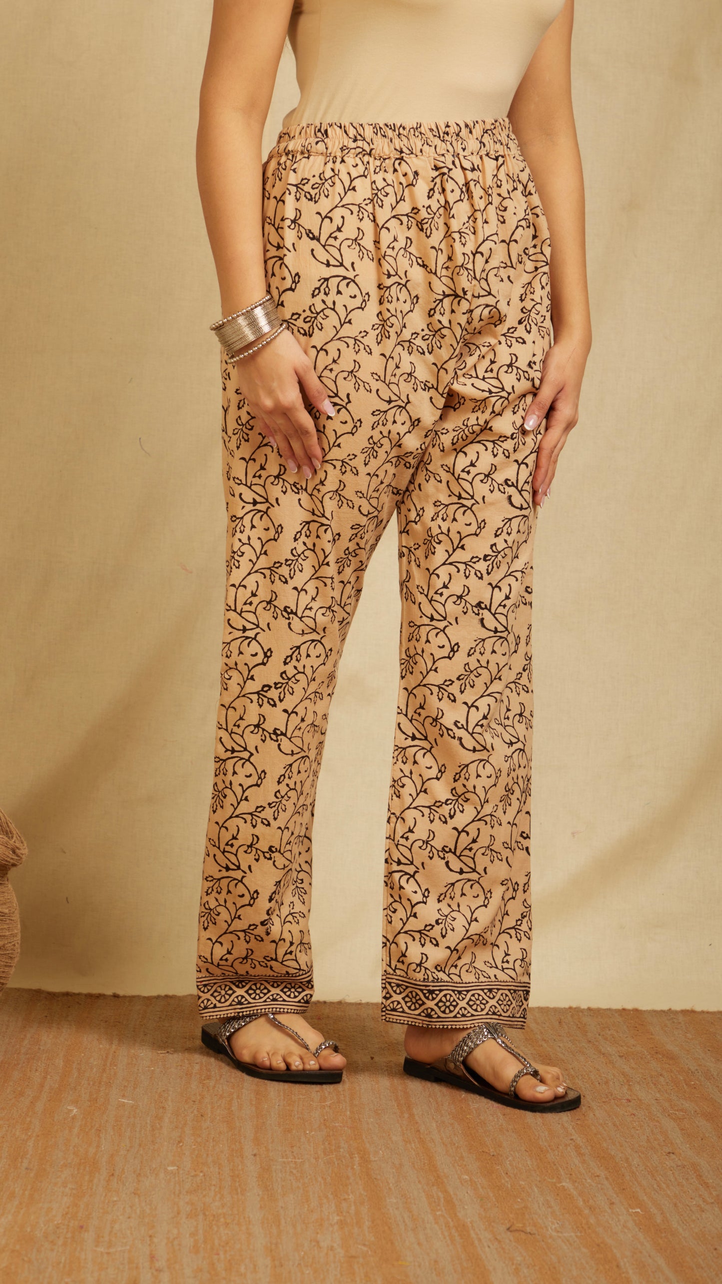 Antarang Beige Hand Block Print Cotton Pants.