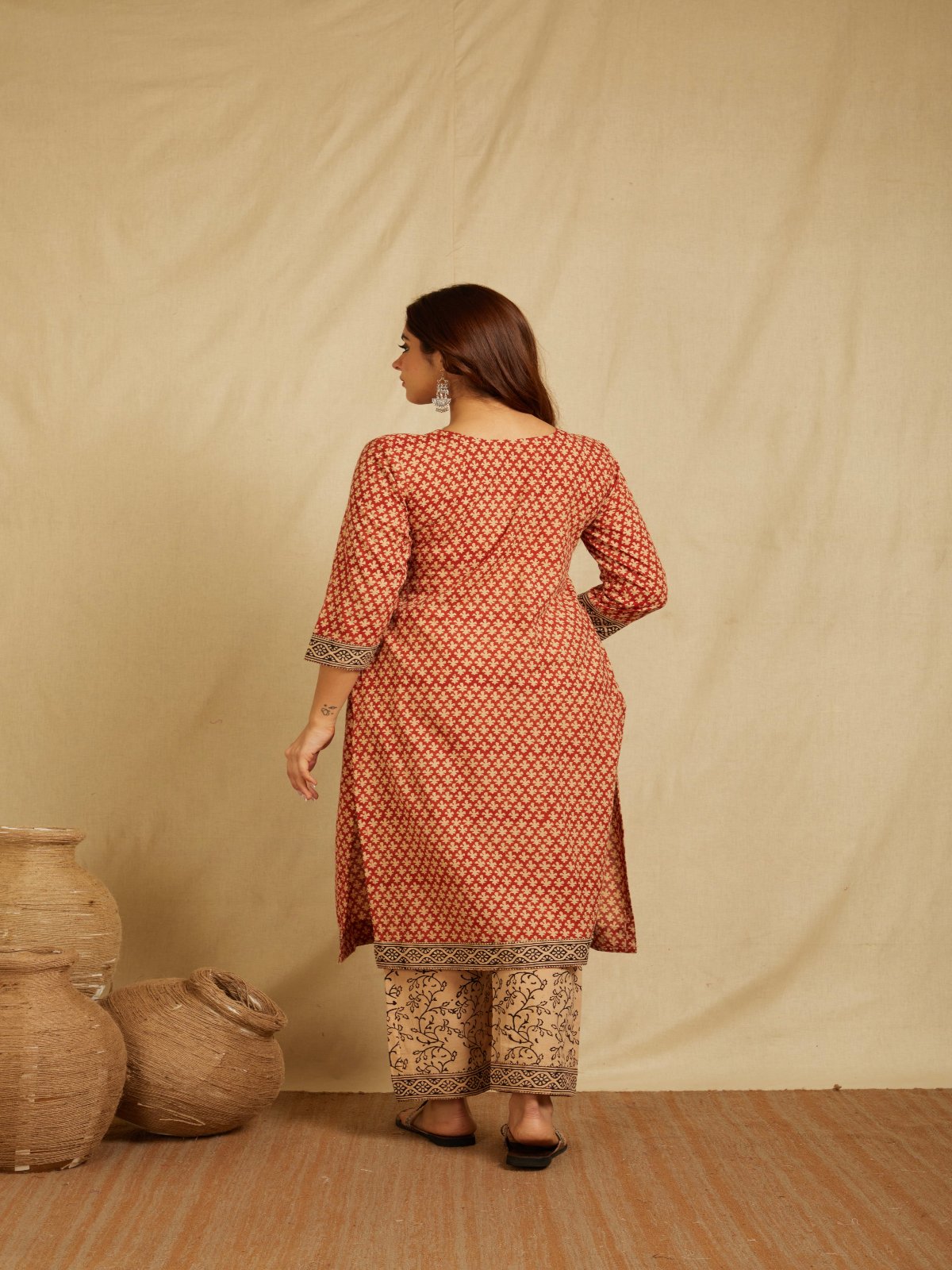 Hand Block Printed Cotton Suit - Brown Floral ( 3 Piece )