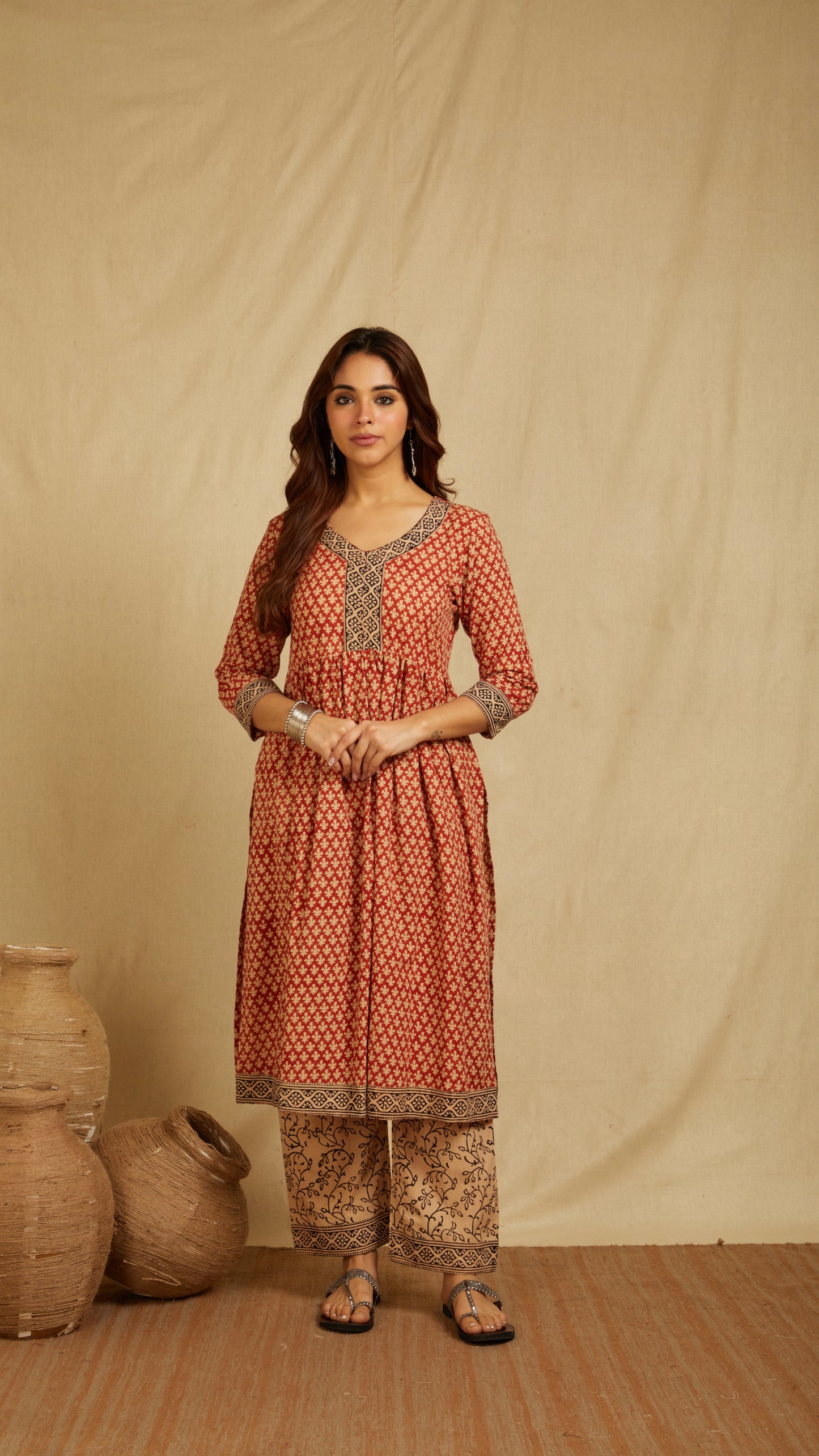 Brown Alima Hand Block Print Cotton Kurta