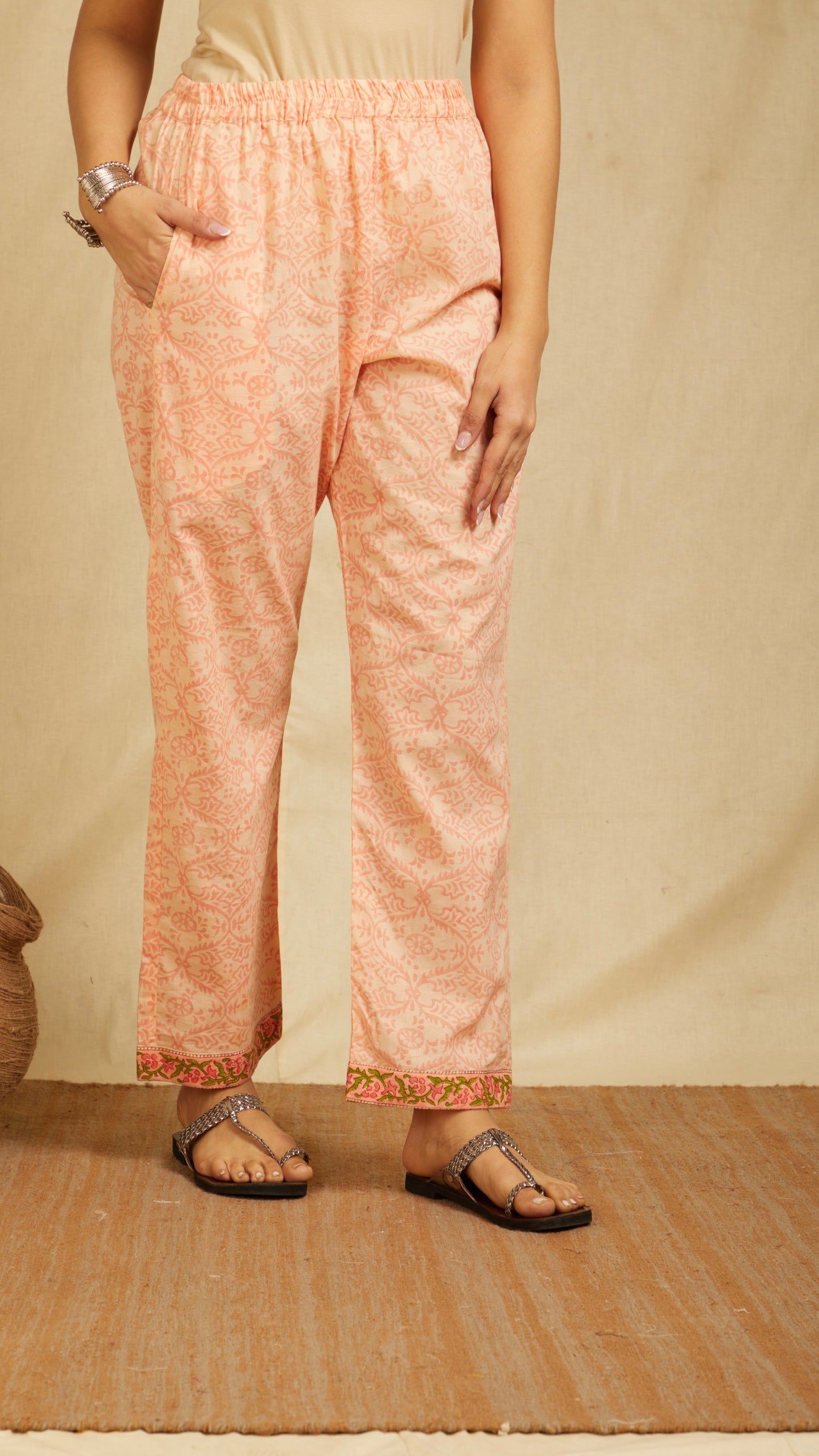 Aboli Orange Hand Block cotton pants