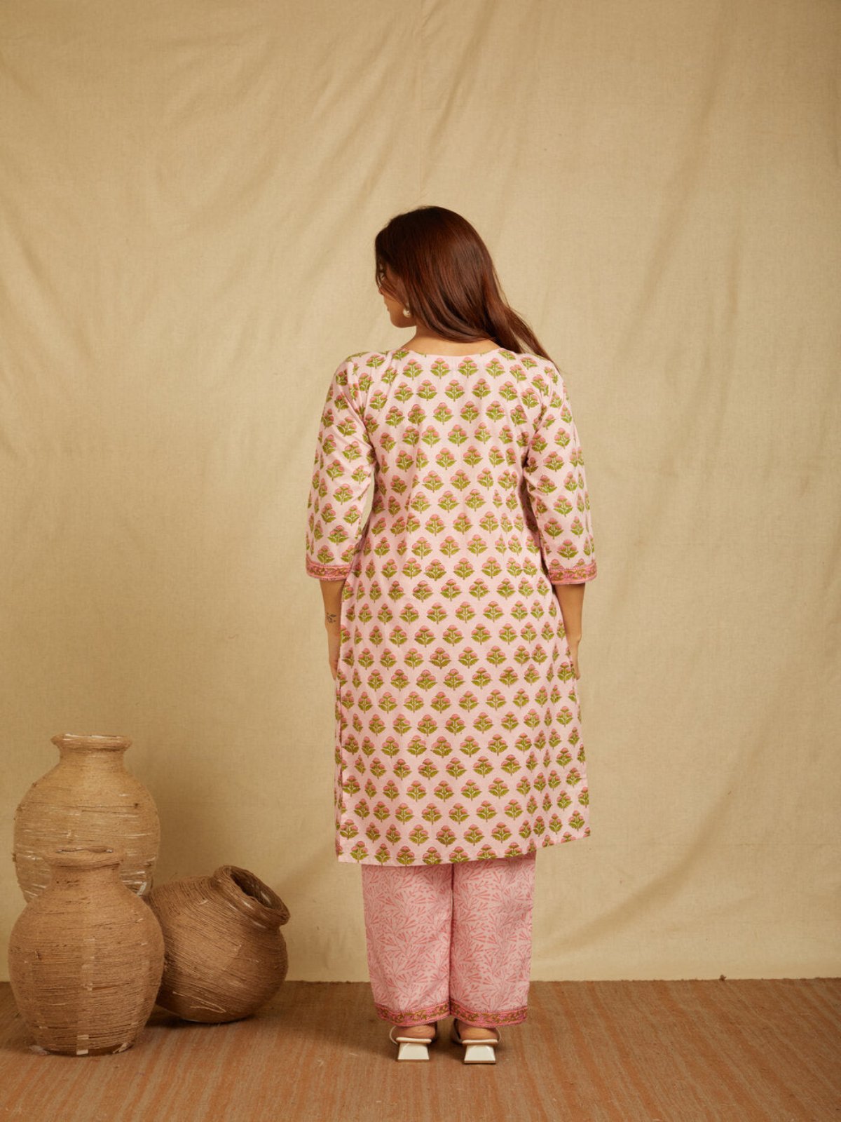 Hand Block Printed Cotton Suit Set- Baby Pink Floral ( 3 piece )