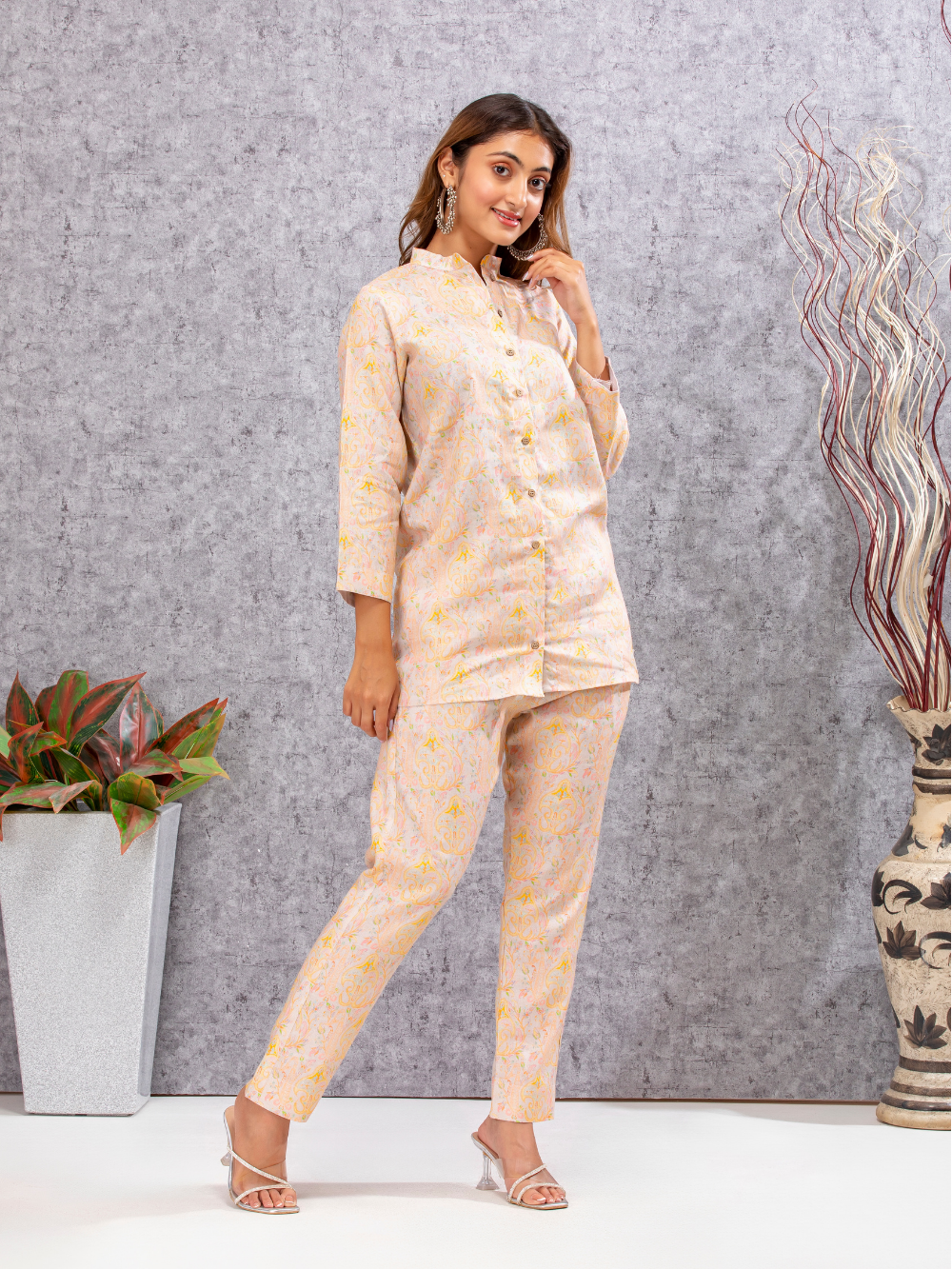 Silk Linen Co-ords Set- Peach Digital ( 2 Piece )