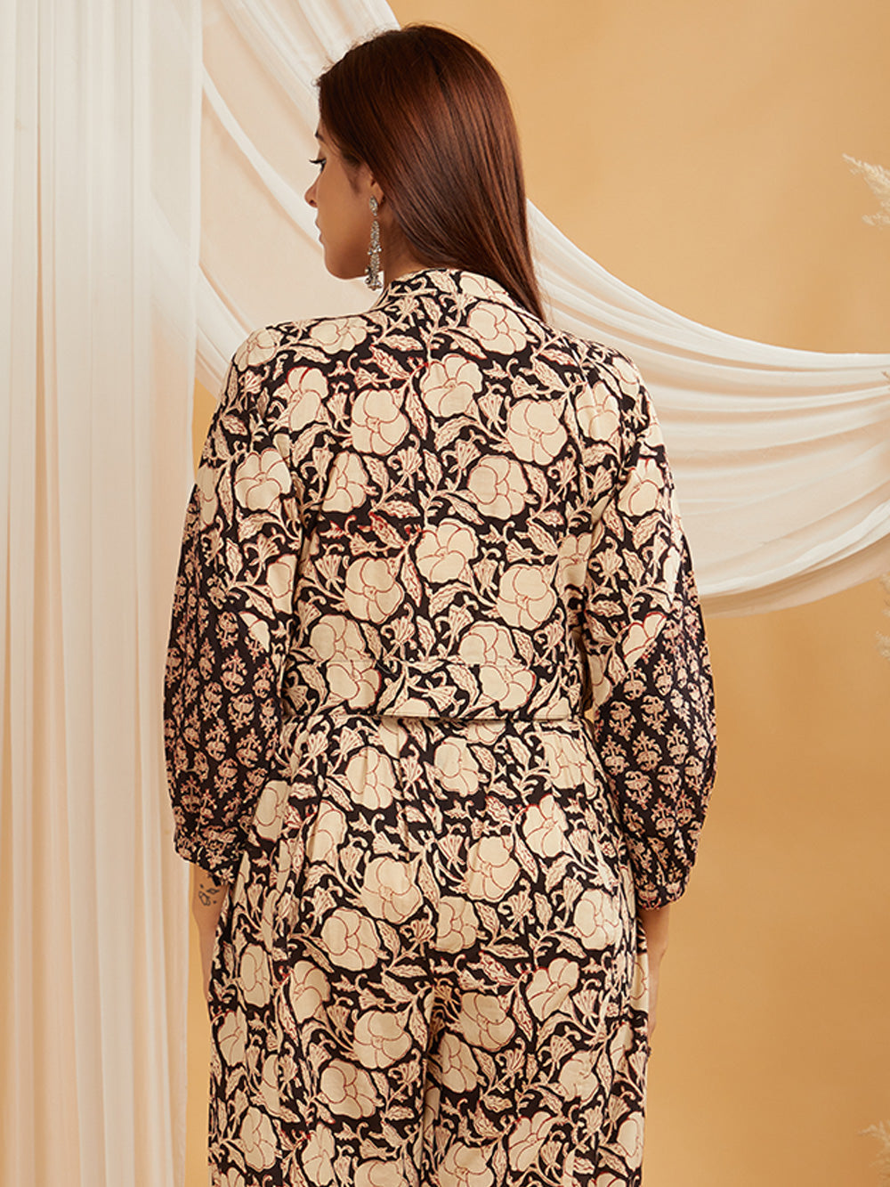 Back view of black hand block printed co-ord set showing the back cut, flow of fabric, and clean finish