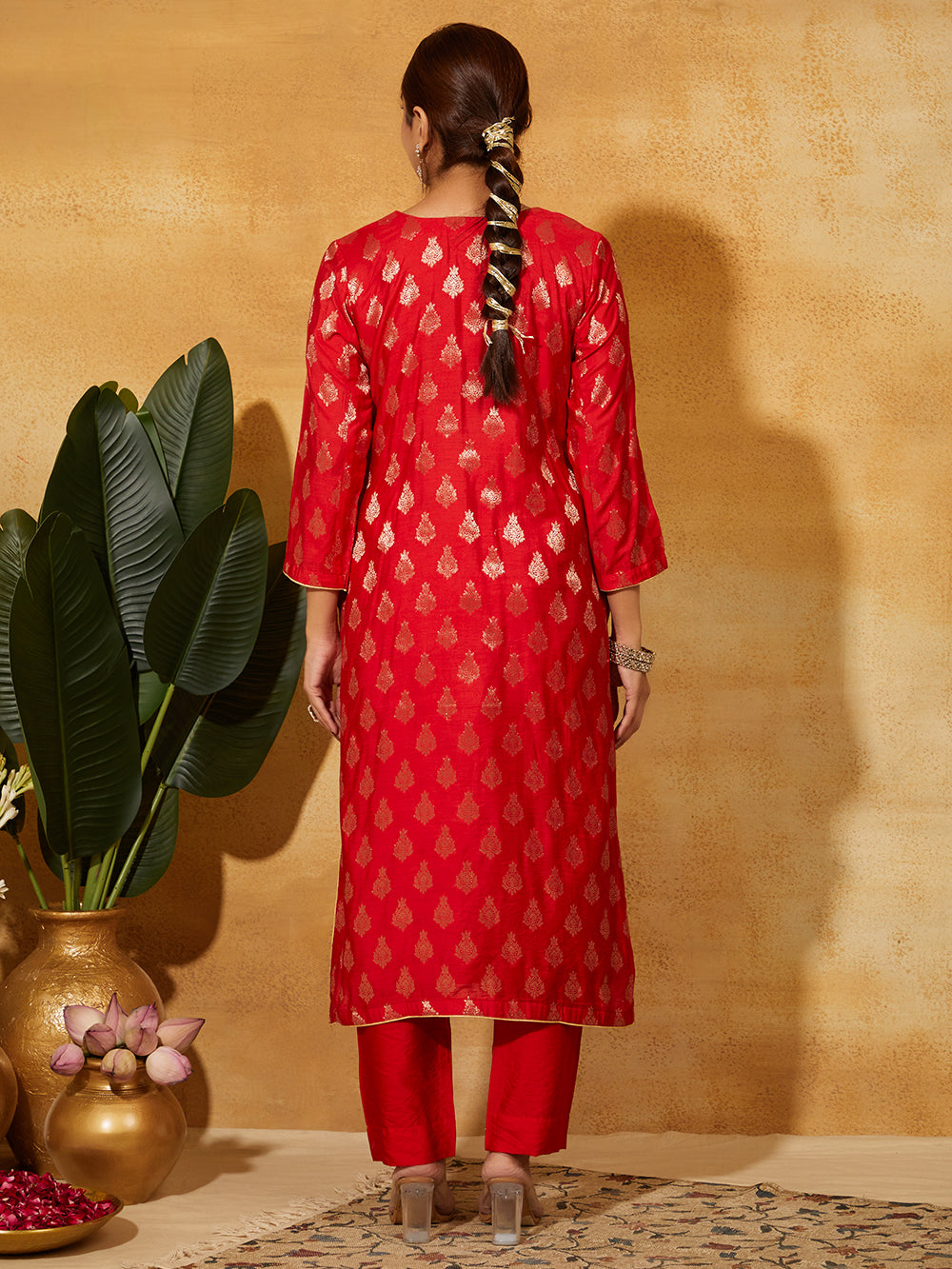 Back view of red Banarasi silk kurta with gold design – Meeta’s festive suit set