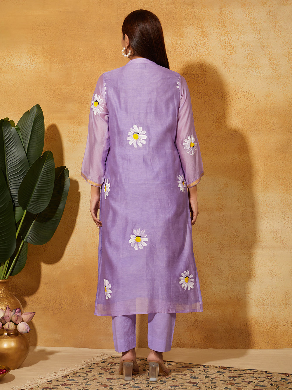 Hand Painted Chanderi Silk Suit Set- Lavender Floral ( 3 piece )