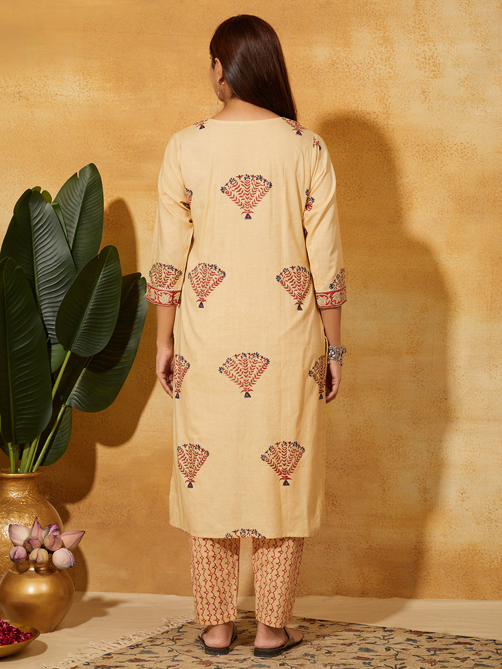 Hand Block Printed Cotton Suit Set- Beige Floral ( 2 piece )