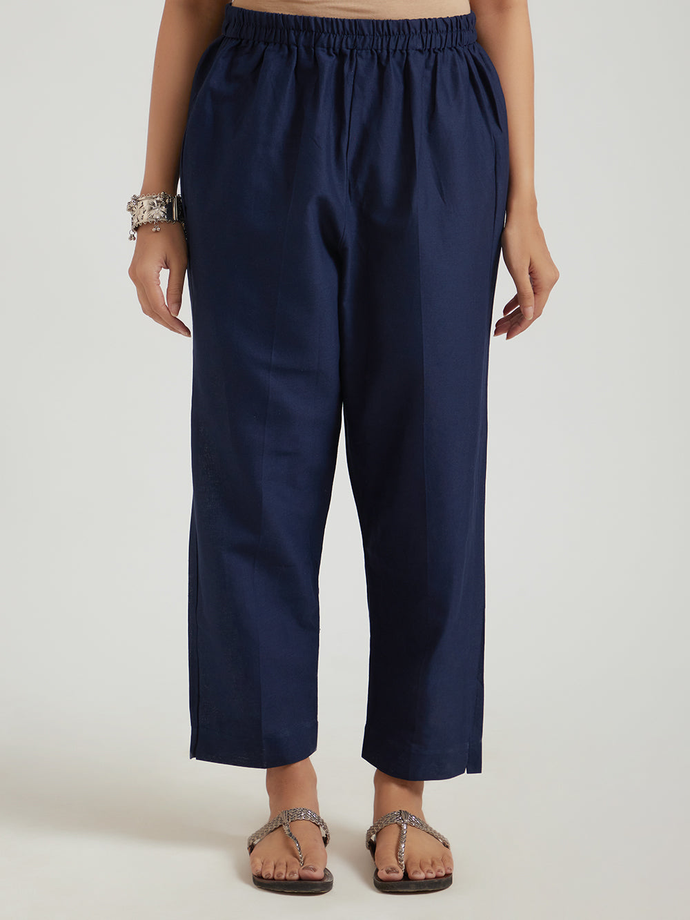 Navy Blue Solid Cotton Pants