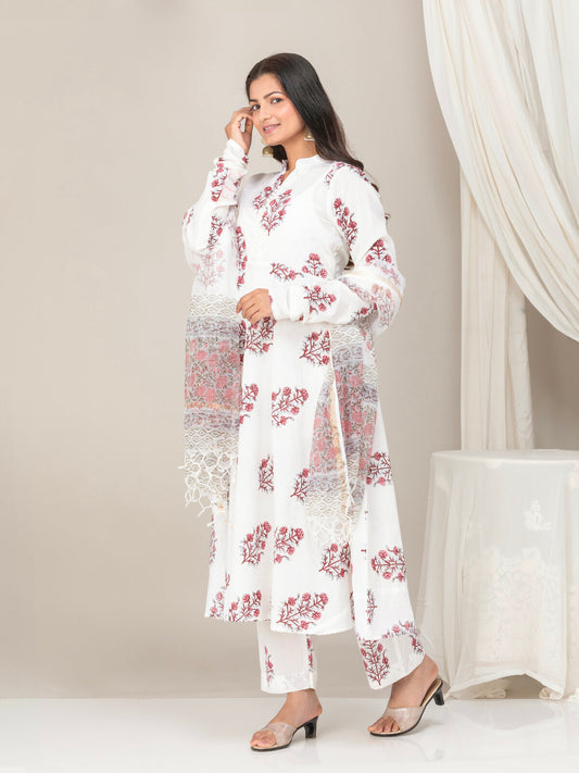 White Hand Block Print Cotton Suit Set- Set of 3